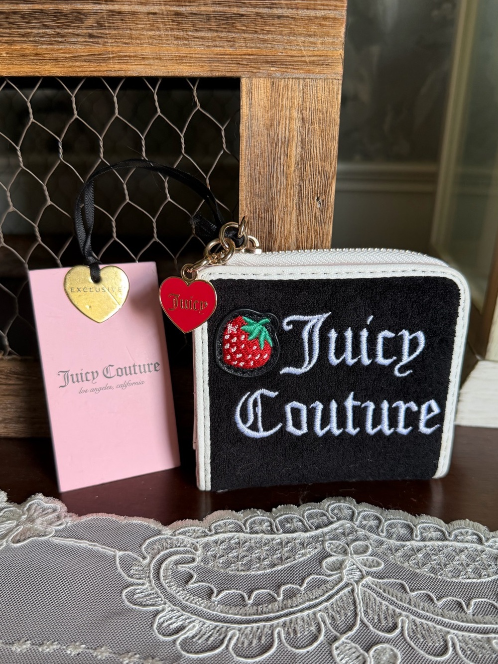 NWT Juicy Couture Black & White Strawberry Zip Wallet